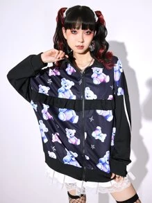 ROMWE Anime Cartoon Graphic Drop Shoulder Ruffle Trim Sweatshirt - Black - View 3