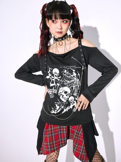 Anime Skull Print Cold Shoulder Tee
