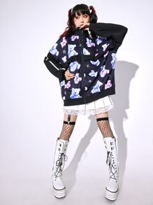 ROMWE Anime Cartoon Graphic Drop Shoulder Ruffle Trim Sweatshirt - Black - View 5