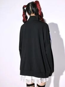 ROMWE Anime Cartoon Graphic Drop Shoulder Ruffle Trim Sweatshirt - Black - View 6