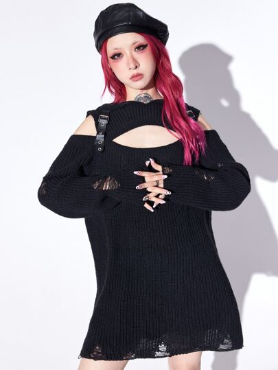 Anime Solid Hooded Cut Out Sweater