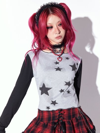 Anime Color-block Star Print Tee