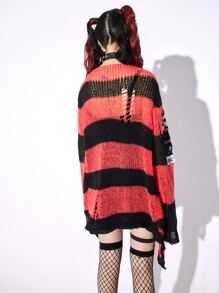 ROMWE Anime 骷髏刺繡撞色仿舊開襟衫 - 彩色 - 查看 6