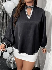 SHEIN Clasi Plus Contrast Sequin Keyhole Neckline Blouse - Black - View 6