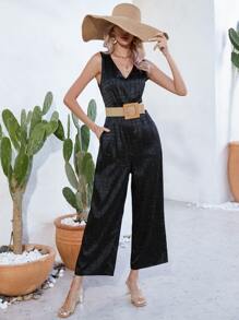 SHEIN LUNE Jacquard V Neck Jumpsuit Without Belt - Black - View 3