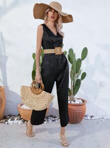 SHEIN LUNE Jacquard V Neck Jumpsuit Without Belt - Black - View 4