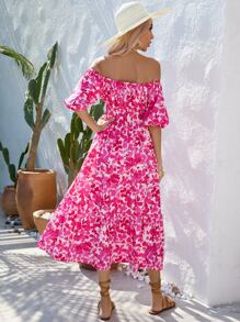 SHEIN VCAY Allover Floral Print Off Shoulder Puff Sleeve Dress - Pink - View 3