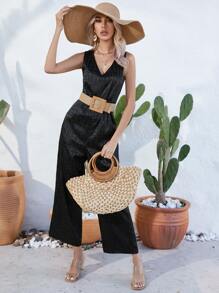 SHEIN LUNE Jacquard V Neck Jumpsuit Without Belt - Black - View 5