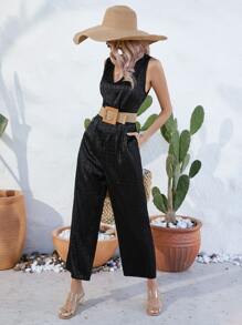 SHEIN LUNE Jacquard V Neck Jumpsuit Without Belt - Black - View 6