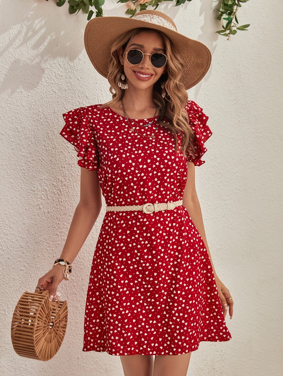 SHEIN Clasi Vestido con estampado de corazón de confeti ribete con fruncido sin cinturón - Rojo - Ver 1