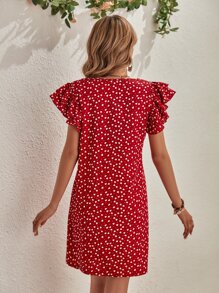 SHEIN Clasi Vestido con estampado de corazón de confeti ribete con fruncido sin cinturón - Rojo - Ver 2