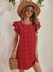 SHEIN Clasi Vestido con estampado de corazón de confeti ribete con fruncido sin cinturón - Rojo - Ver 3
