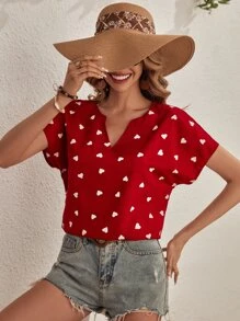 SHEIN LUNE Heart Print Notched Neck Batwing Sleeve Blouse - Red - View 1