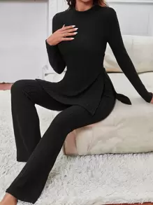 SHEIN Essnce Bộ đồ hai mảnh nữ Chia màu trơn Giải trí - màu đen - Xem 1