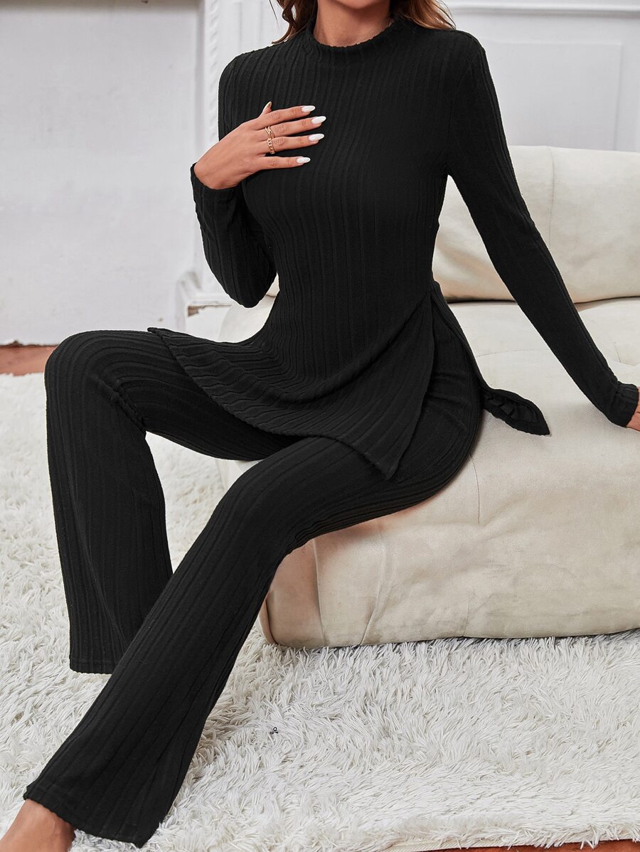 SHEIN Essnce Bộ đồ hai mảnh nữ Chia màu trơn Giải trí - màu đen - Xem 1