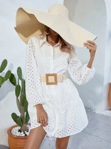 SHEIN VCAY 網眼刺繡前紐扣網眼刺繡襯衫連衣裙不附腰帶 - 白色 - 查看 1