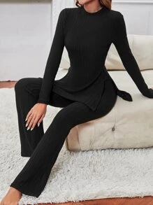 SHEIN Essnce Bộ đồ hai mảnh nữ Chia màu trơn Giải trí - màu đen - Xem 4