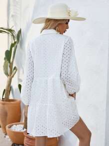 SHEIN VCAY 網眼刺繡前紐扣網眼刺繡襯衫連衣裙不附腰帶 - 白色 - 查看 2