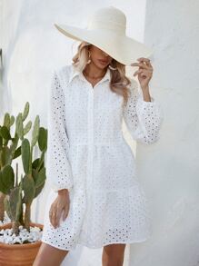 SHEIN VCAY 網眼刺繡前紐扣網眼刺繡襯衫連衣裙不附腰帶 - 白色 - 查看 4