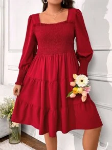 SHEIN Holidaya Vestido de cuello cuadrado con corpiño con fruncido bajo con fruncido - Burdeos - Ver 3