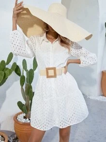 SHEIN VCAY 網眼刺繡前紐扣網眼刺繡襯衫連衣裙不附腰帶 - 白色 - 查看 6