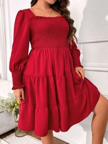 SHEIN Holidaya Vestido de cuello cuadrado con corpiño con fruncido bajo con fruncido - Burdeos - Ver 4