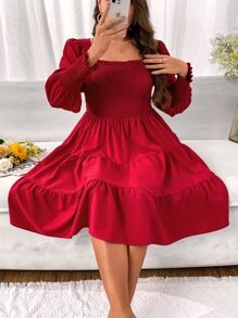 SHEIN Holidaya Vestido de cuello cuadrado con corpiño con fruncido bajo con fruncido - Burdeos - Ver 6