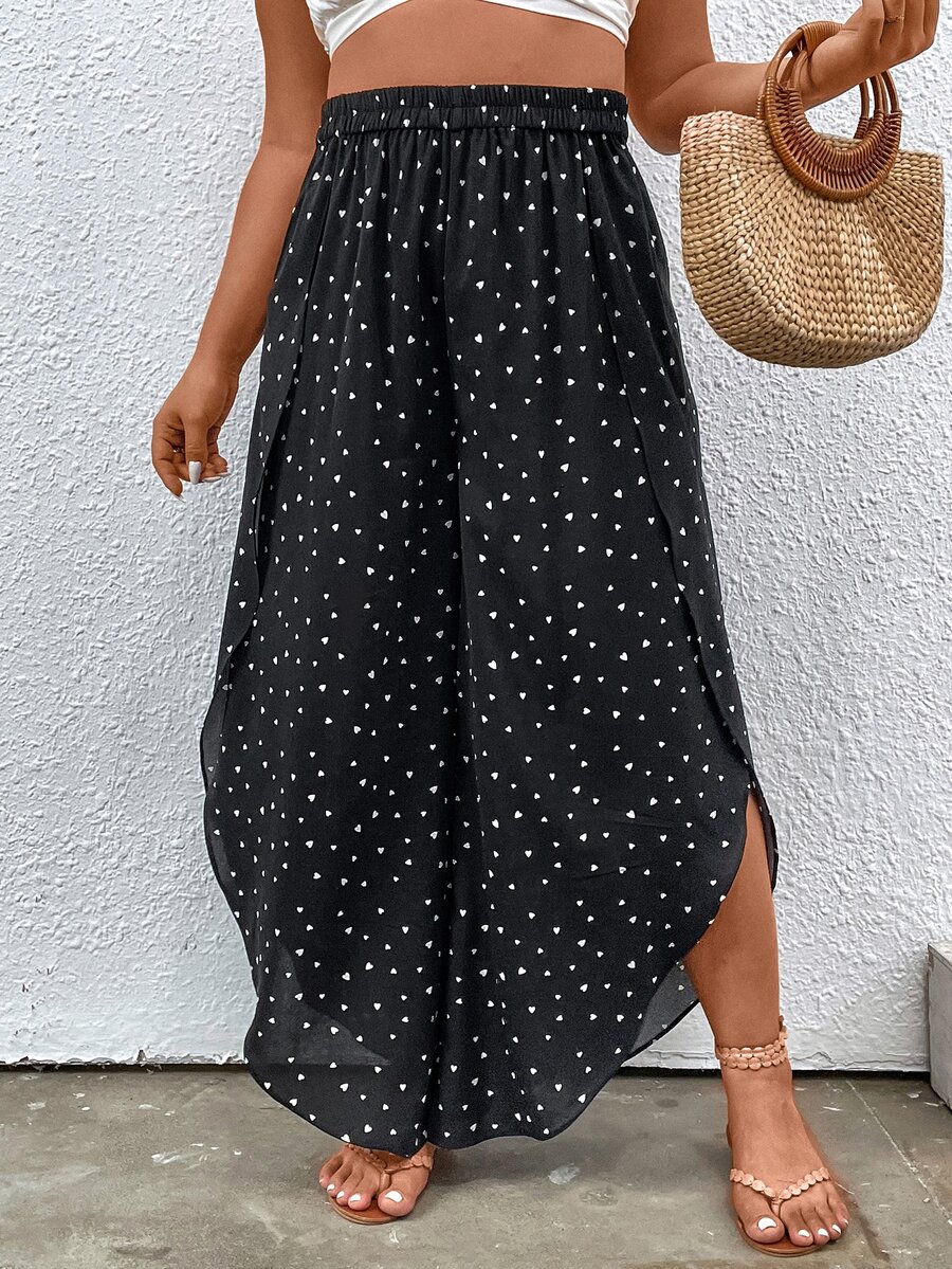 SHEIN Holidaya Quần Plus Size Bất đối xứng Tim Tất cả trên in Boho - màu đen - Xem 1