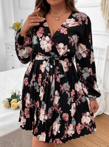 EMERY ROSE 大碼印花燈籠袖百褶下擺繫腰帶洋裝