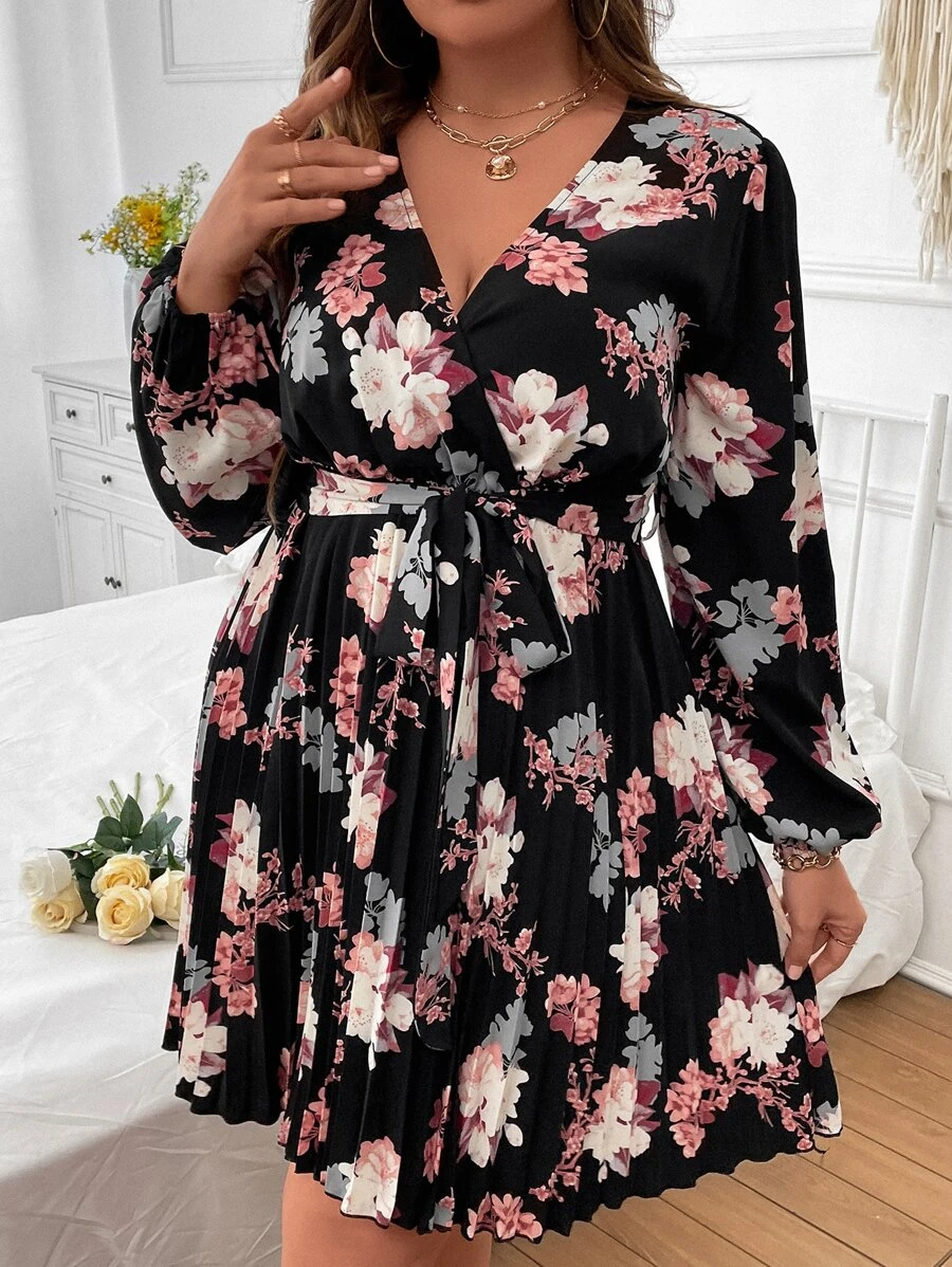 EMERY ROSE 大碼印花燈籠袖百褶下擺繫腰帶洋裝