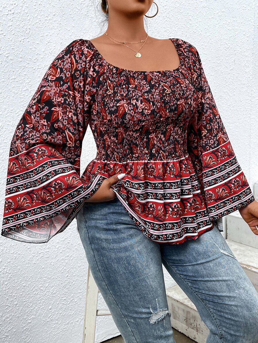 SHEIN Holidaya Áo sơ mi Plus Size Dải chun Viên lá sen Hoa Boho - Nhiều màu - Xem 1