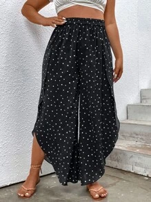 SHEIN Holidaya 大碼紙屑愛心圖案鬱金香下擺闊腿褲 - 黑色 - 查看 3