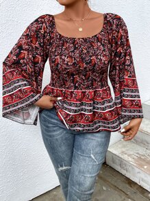 SHEIN Holidaya Áo sơ mi Plus Size Dải chun Viên lá sen Hoa Boho - Nhiều màu - Xem 3