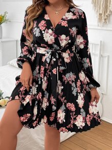 EMERY ROSE 大碼印花燈籠袖百褶下擺繫腰帶洋裝