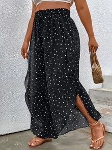 SHEIN Holidaya 大碼紙屑愛心圖案鬱金香下擺闊腿褲 - 黑色 - 查看 4