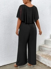 SHEIN Clasi 大碼素色蝴蝶袖闊腿連體褲 - 黑色 - 查看 3