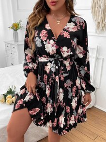 EMERY ROSE 大碼印花燈籠袖百褶下擺繫腰帶洋裝