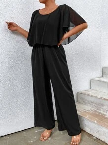 SHEIN Clasi 大碼素色蝴蝶袖闊腿連體褲 - 黑色 - 查看 4