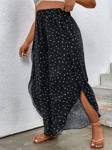 SHEIN Holidaya 大碼紙屑愛心圖案鬱金香下擺闊腿褲 - 黑色 - 查看 5