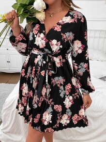 EMERY ROSE 大碼印花燈籠袖百褶下擺繫腰帶洋裝