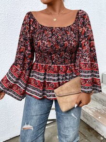 SHEIN Holidaya Áo sơ mi Plus Size Dải chun Viên lá sen Hoa Boho - Nhiều màu - Xem 5