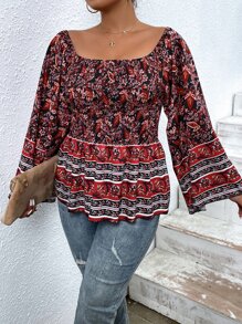 SHEIN Holidaya Áo sơ mi Plus Size Dải chun Viên lá sen Hoa Boho - Nhiều màu - Xem 6