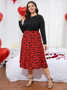 SHEIN Clasi Plus Solid Tee & Heart Print Skirt - Multicolor - View 1