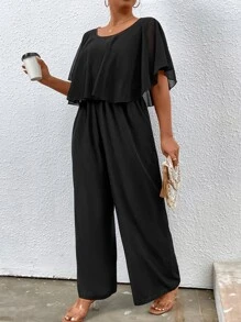 SHEIN Clasi 大碼素色蝴蝶袖闊腿連體褲 - 黑色 - 查看 5