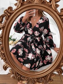 EMERY ROSE 大碼印花燈籠袖百褶下擺繫腰帶洋裝