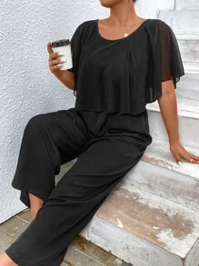 SHEIN Clasi 大碼素色蝴蝶袖闊腿連體褲 - 黑色 - 查看 6