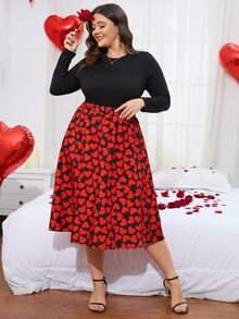 SHEIN Clasi Plus Solid Tee & Heart Print Skirt - Multicolor - View 4
