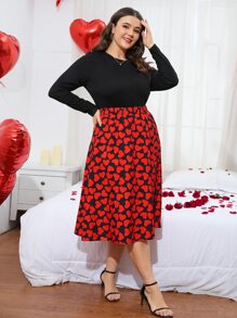 SHEIN Clasi Plus Solid Tee & Heart Print Skirt - Multicolor - View 5