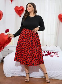SHEIN Clasi Plus Solid Tee & Heart Print Skirt - Multicolor - View 6