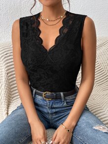 SHEIN Frenchy Scallop Trim Lace Tank Top - Black - View 1